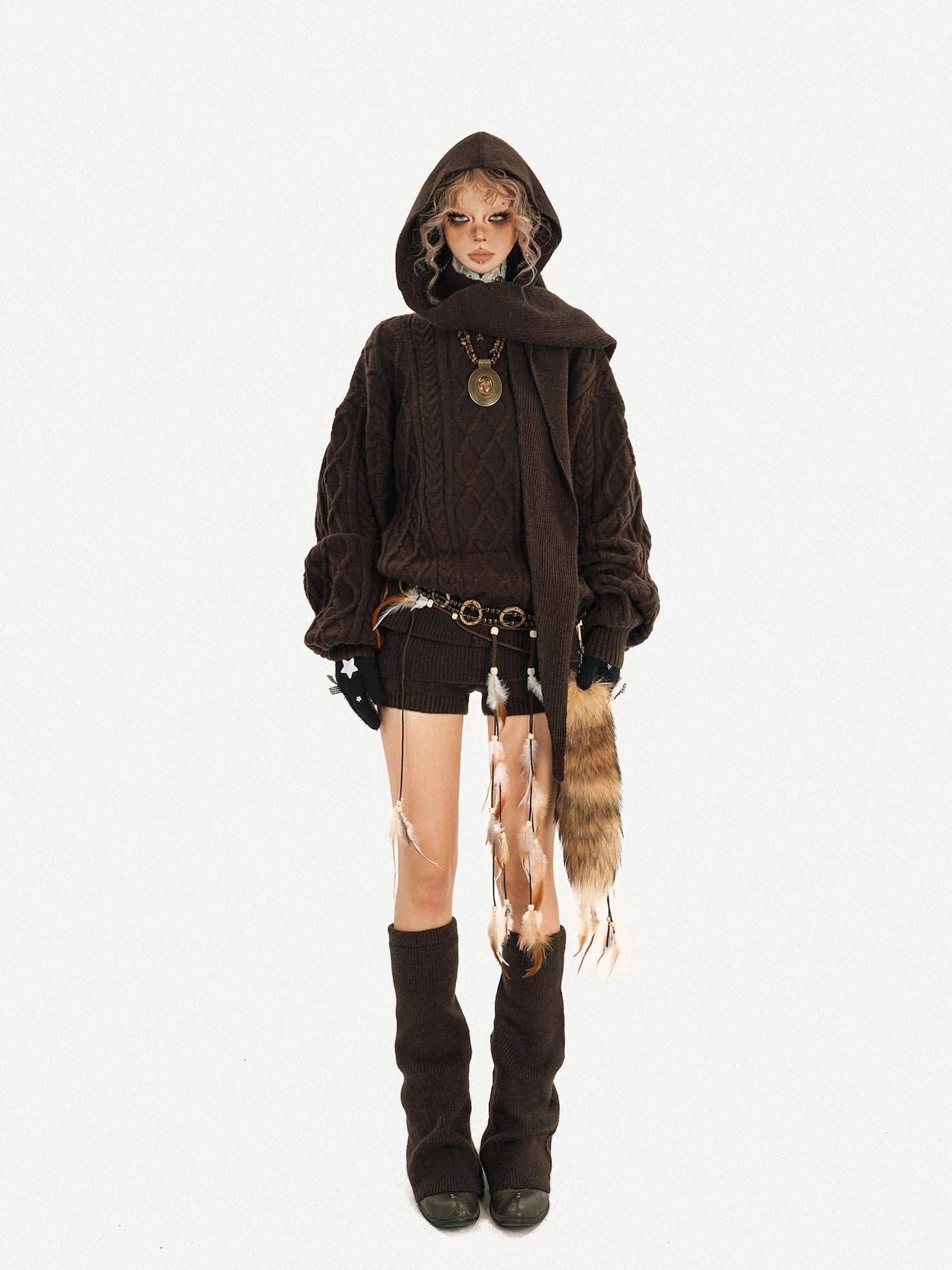 Nico Molly High Stretch Knitted Loose Longsleeve Low Waist Brown Pullover Top & Shorts Sets