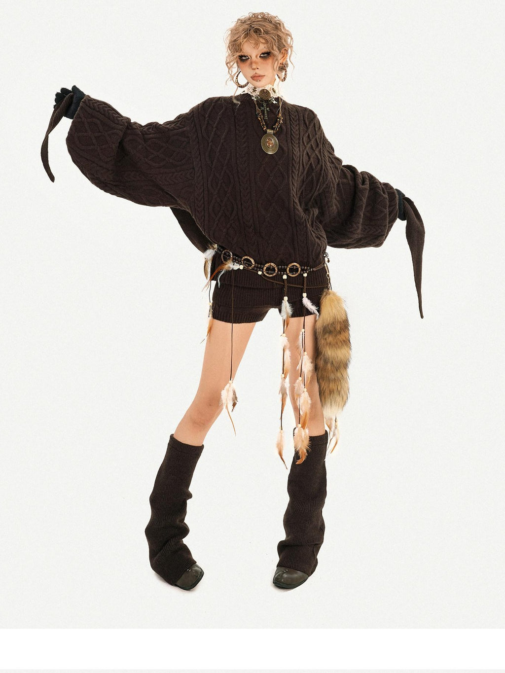 Nico Molly High Stretch Knitted Loose Longsleeve Low Waist Brown Pullover Top & Shorts Sets
