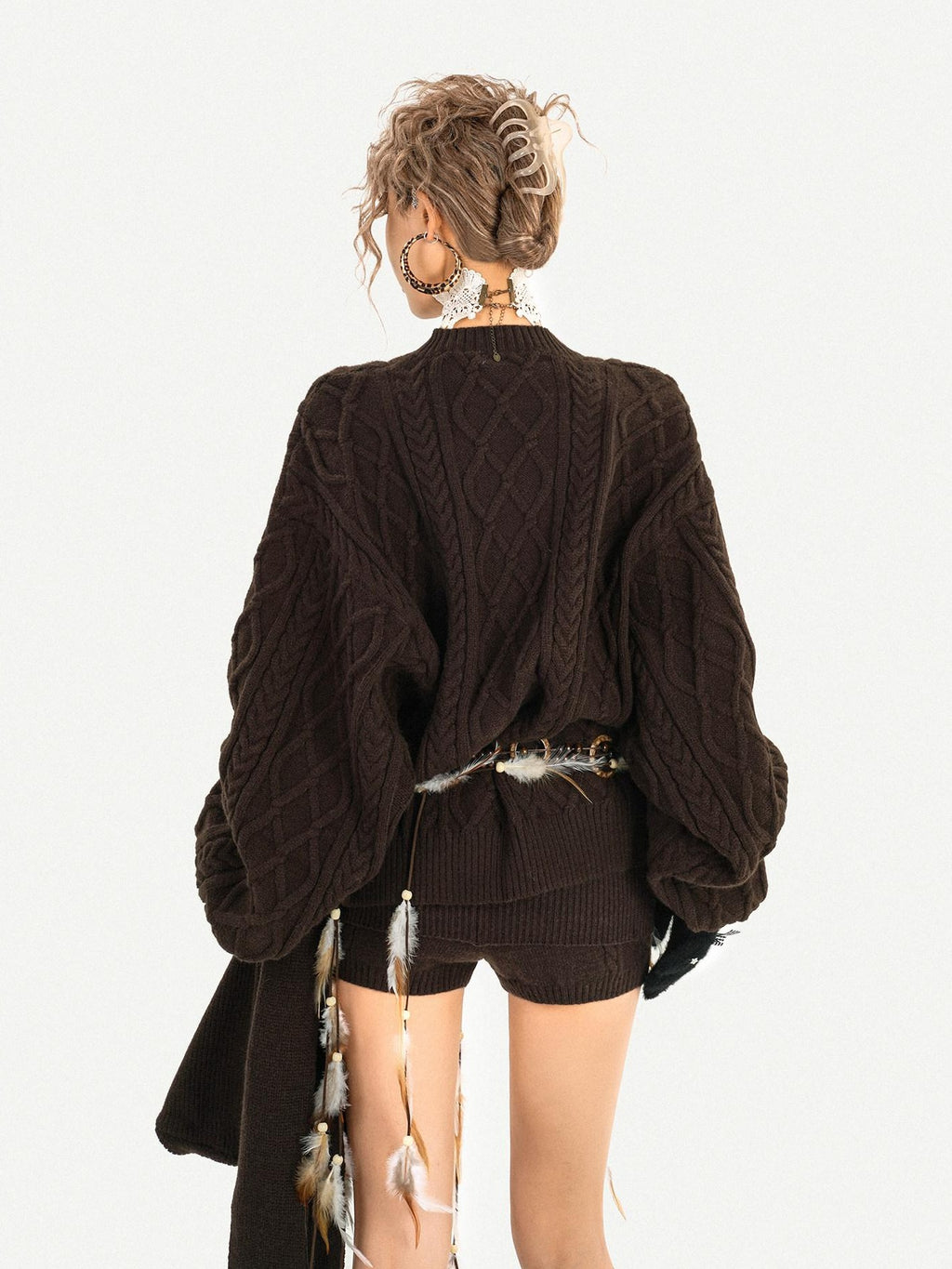 Nico Molly High Stretch Knitted Loose Longsleeve Low Waist Brown Pullover Top & Shorts Sets