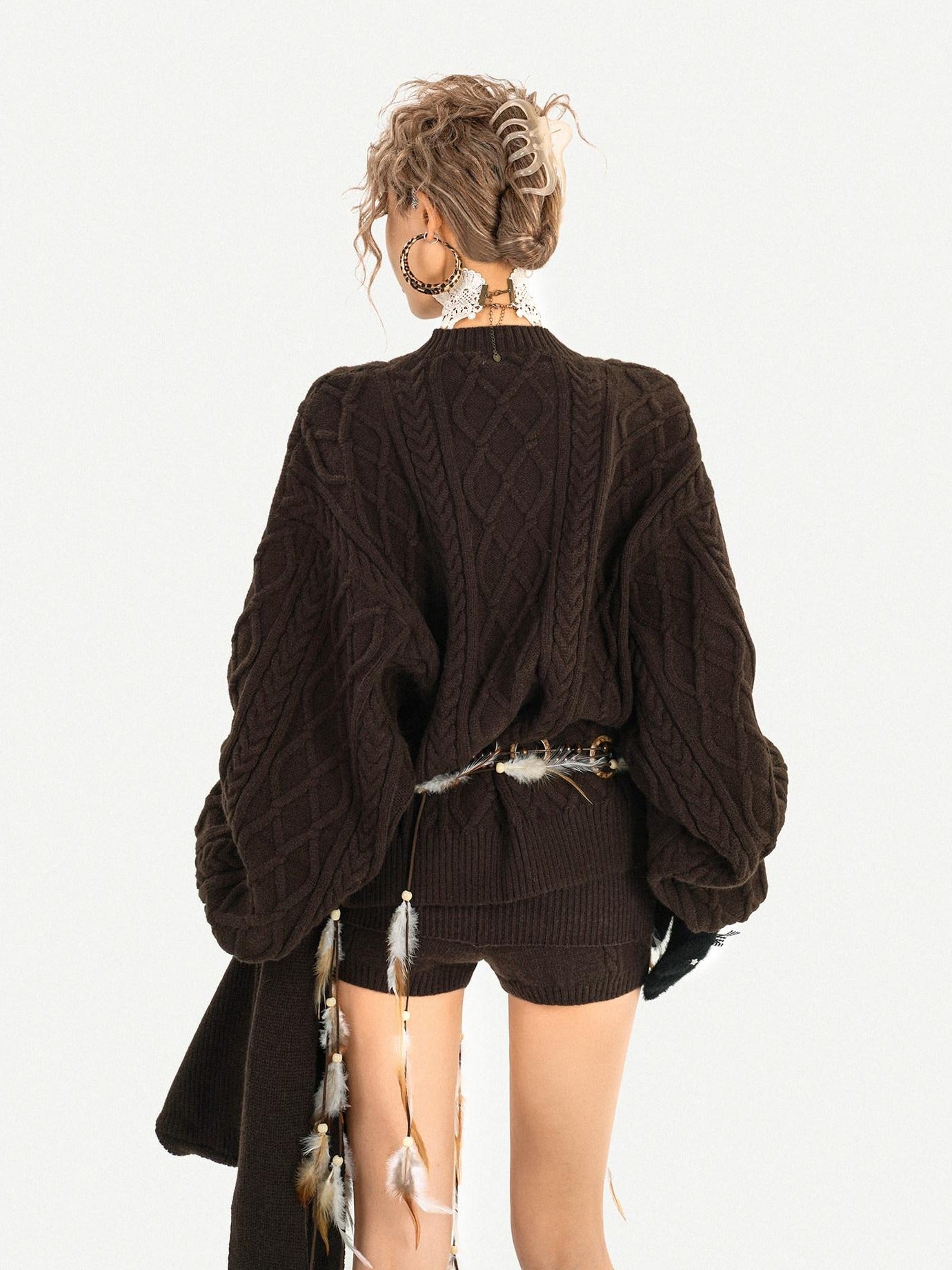 Nico Molly High Stretch Knitted Loose Longsleeve Low Waist Brown Pullover Top & Shorts Sets