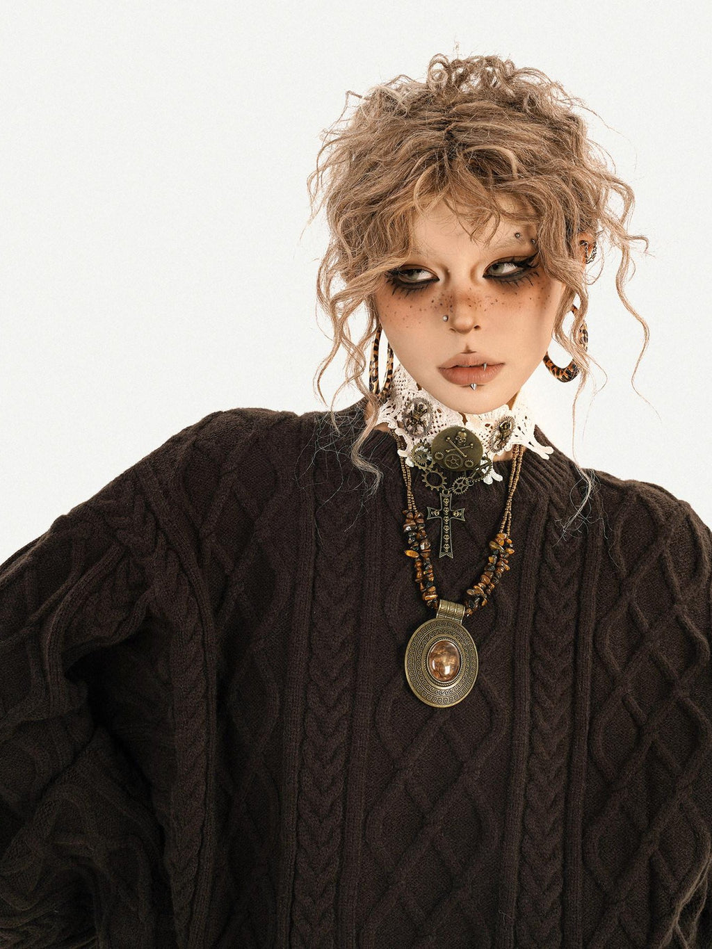Nico Molly High Stretch Knitted Loose Longsleeve Low Waist Brown Pullover Top & Shorts Sets