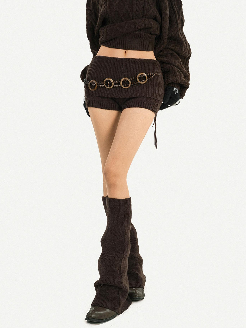 Nico Molly High Stretch Knitted Loose Longsleeve Low Waist Brown Pullover Top & Shorts Sets