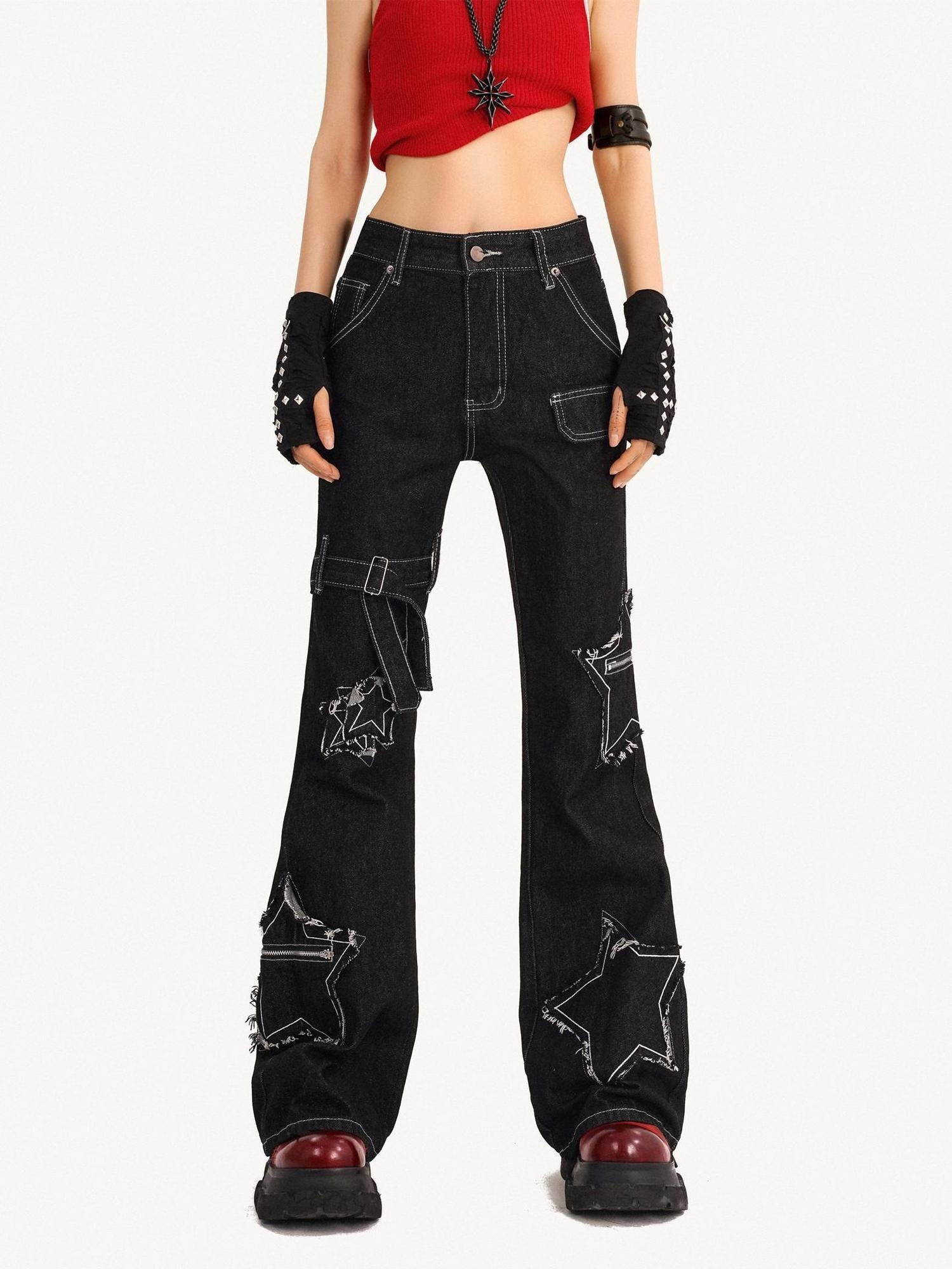 Nico Molly High Waist Distressed Patch Slim Fit Black Non Stretch Young Women Flared Jeans