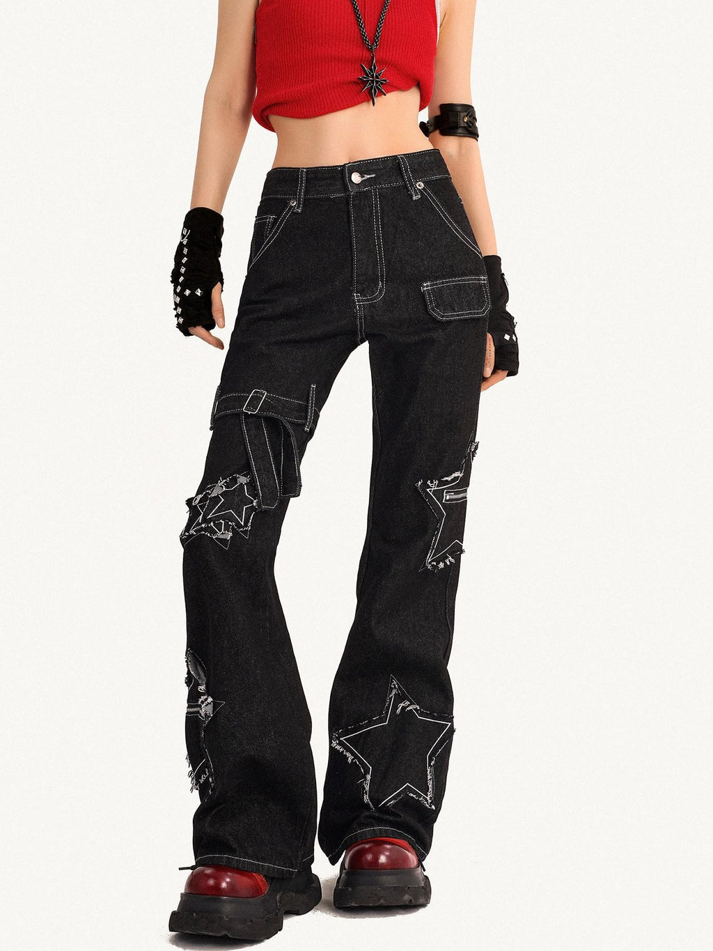 Nico Molly High Waist Distressed Patch Slim Fit Black Non Stretch Young Women Flared Jeans