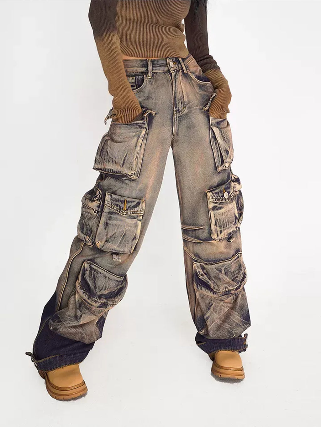 Nico Molly High Waist Distressed Vintage Thick Denim Gradient Blue Wide Leg Jeans