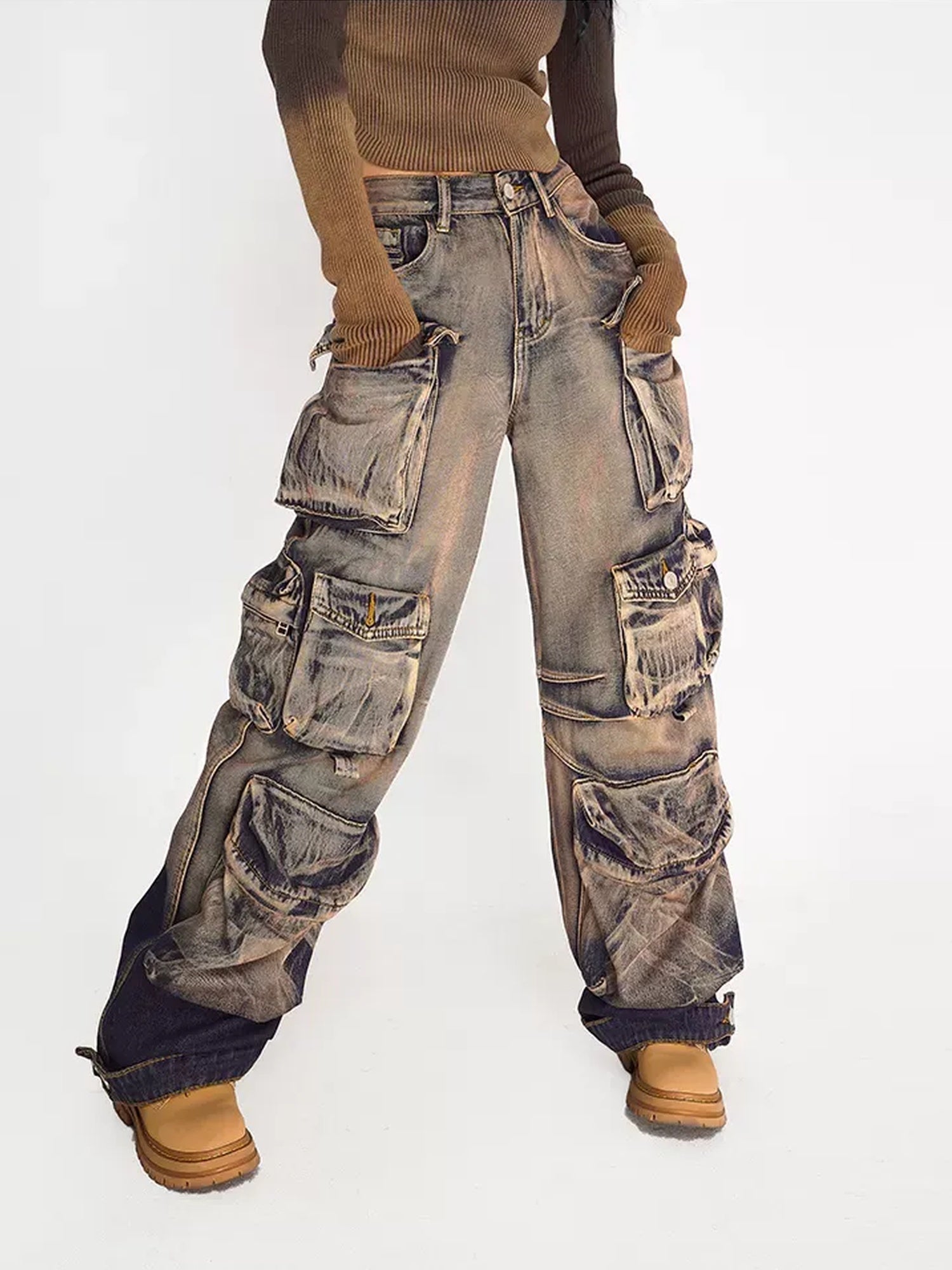 Nico Molly High Waist Distressed Vintage Thick Denim Gradient Blue Wide Leg Jeans