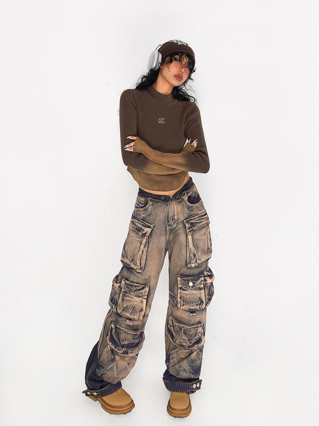 Nico Molly High Waist Distressed Vintage Thick Denim Gradient Blue Wide Leg Jeans