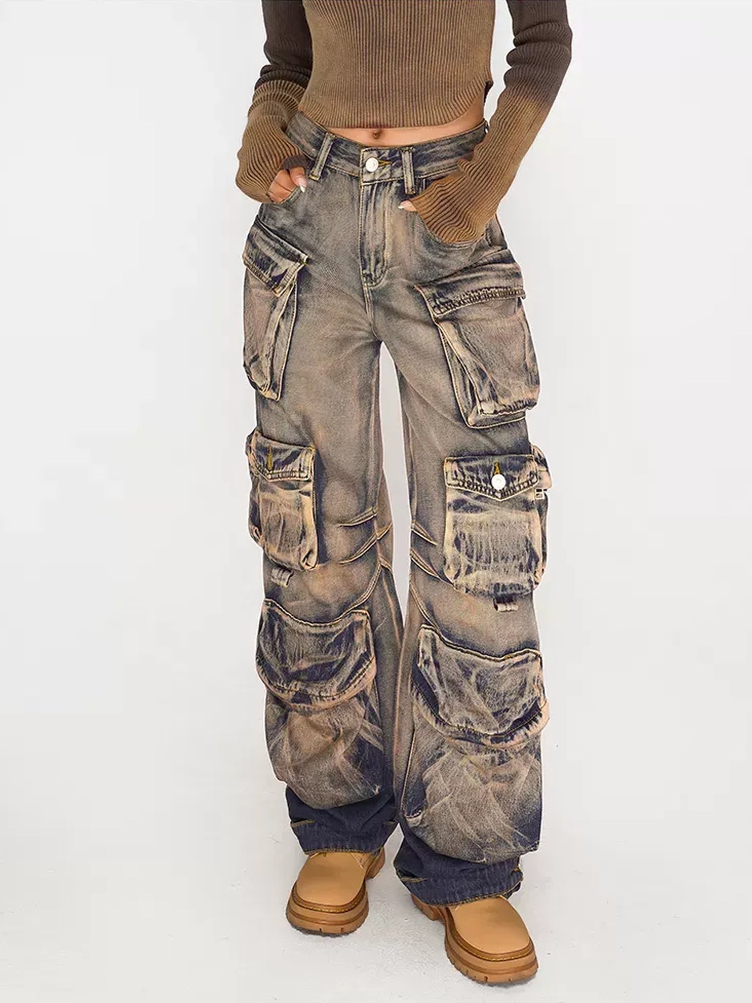Nico Molly High Waist Distressed Vintage Thick Denim Gradient Blue Wide Leg Jeans