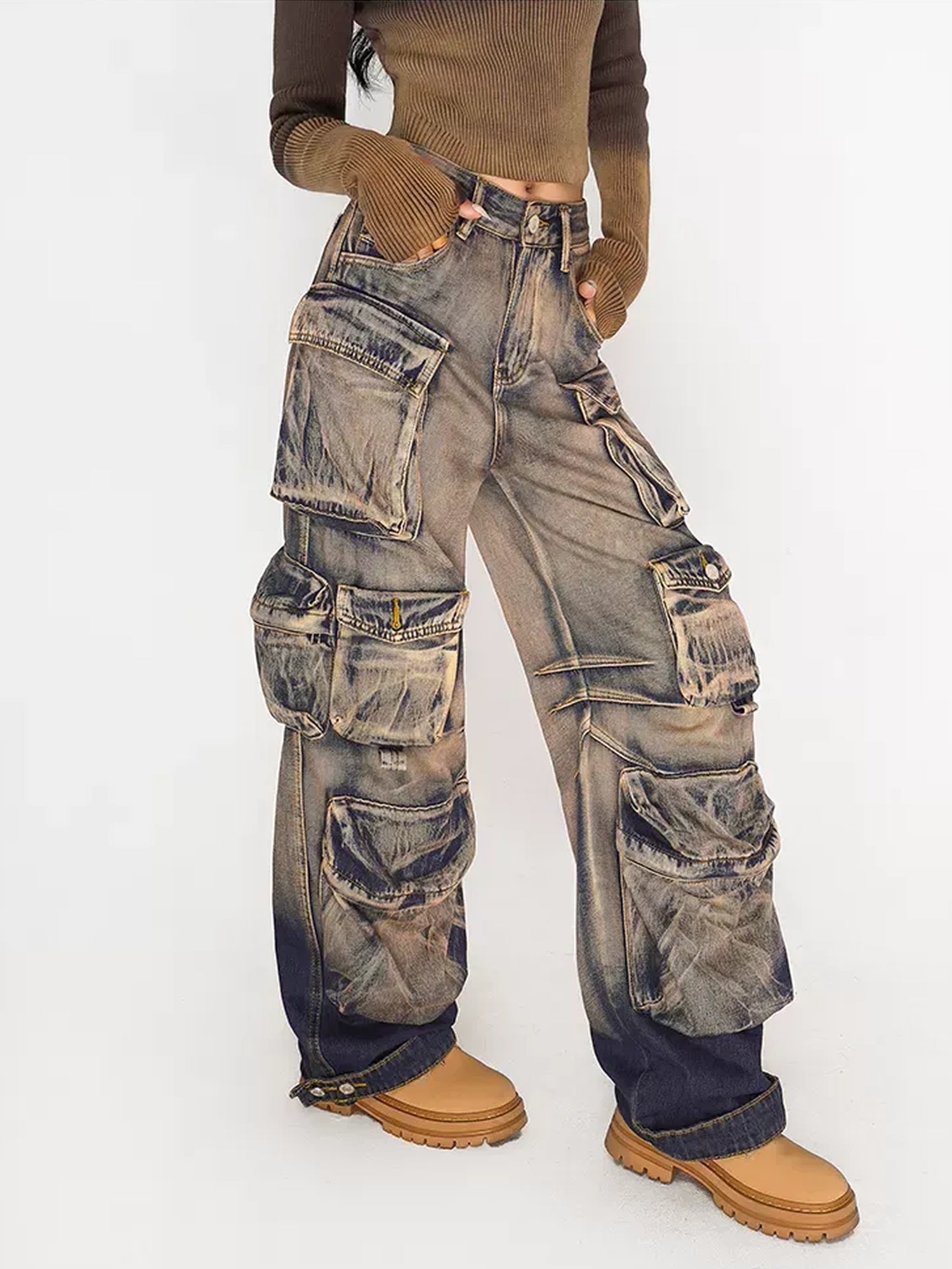 Nico Molly High Waist Distressed Vintage Thick Denim Gradient Blue Wide Leg Jeans