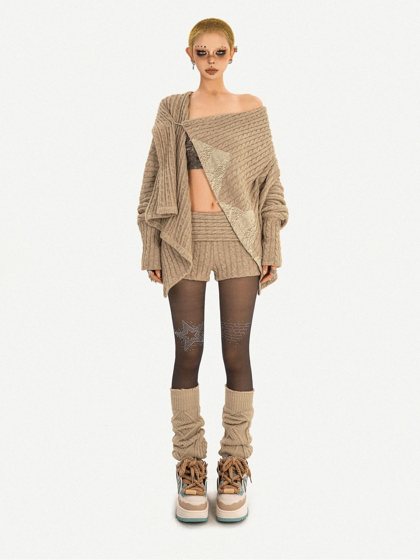 Nico Molly High Waist Heart Print Knitted Street Style Casual Women Khaki Mini Shorts