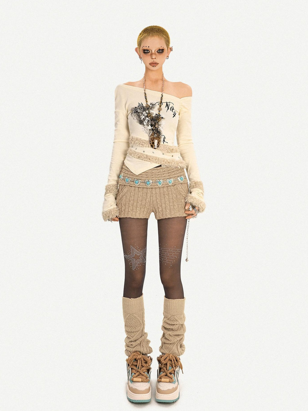 Nico Molly High Waist Heart Print Knitted Street Style Casual Women Khaki Mini Shorts