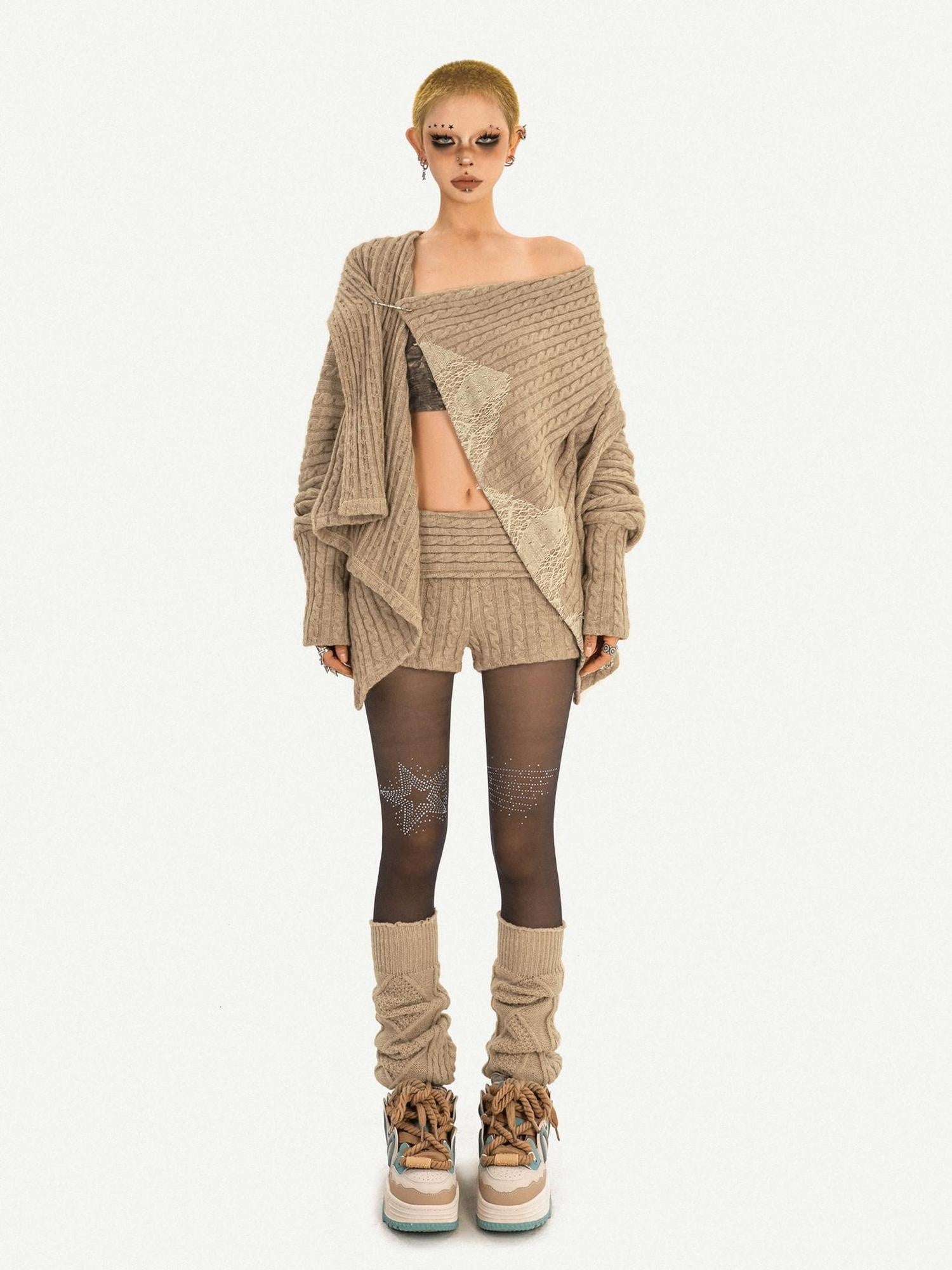 Nico Molly High Waist Heart Print Knitted Street Style Casual Women Khaki Mini Shorts