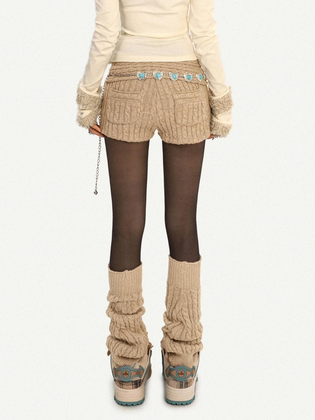 Nico Molly High Waist Heart Print Knitted Street Style Casual Women Khaki Mini Shorts