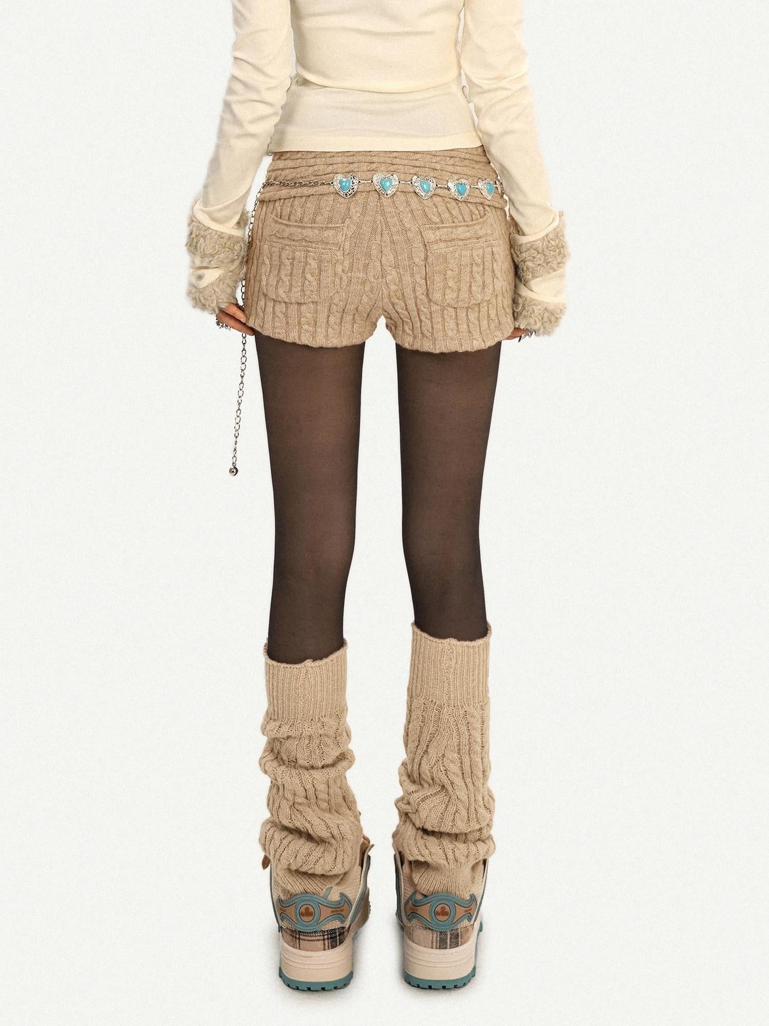 Nico Molly High Waist Heart Print Knitted Street Style Casual Women Khaki Mini Shorts