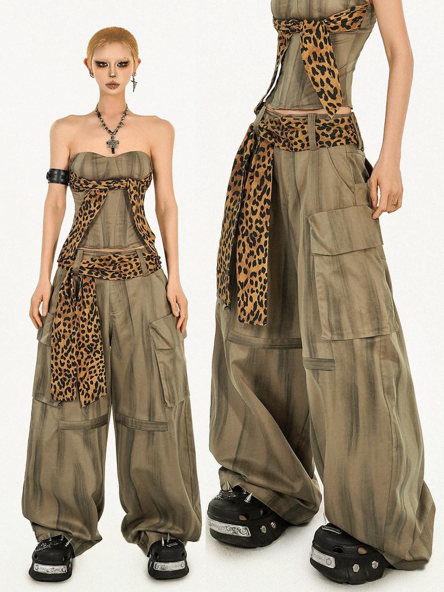 Nico Molly High Waist Leopard Print Vintage Pocket Detail Wide Leg Women Cargo Pants
