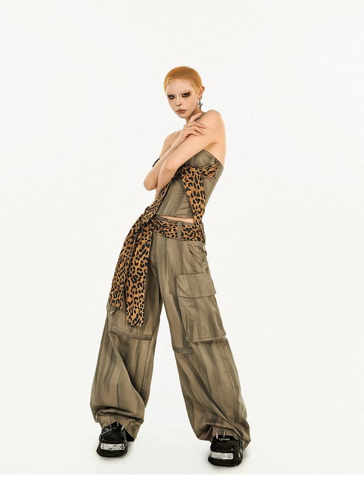 Nico Molly High Waist Leopard Print Vintage Pocket Detail Wide Leg Women Cargo Pants