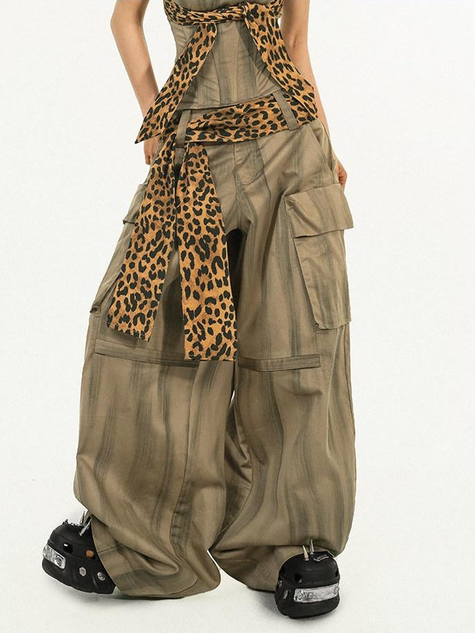 Nico Molly High Waist Leopard Print Vintage Pocket Detail Wide Leg Women Cargo Pants