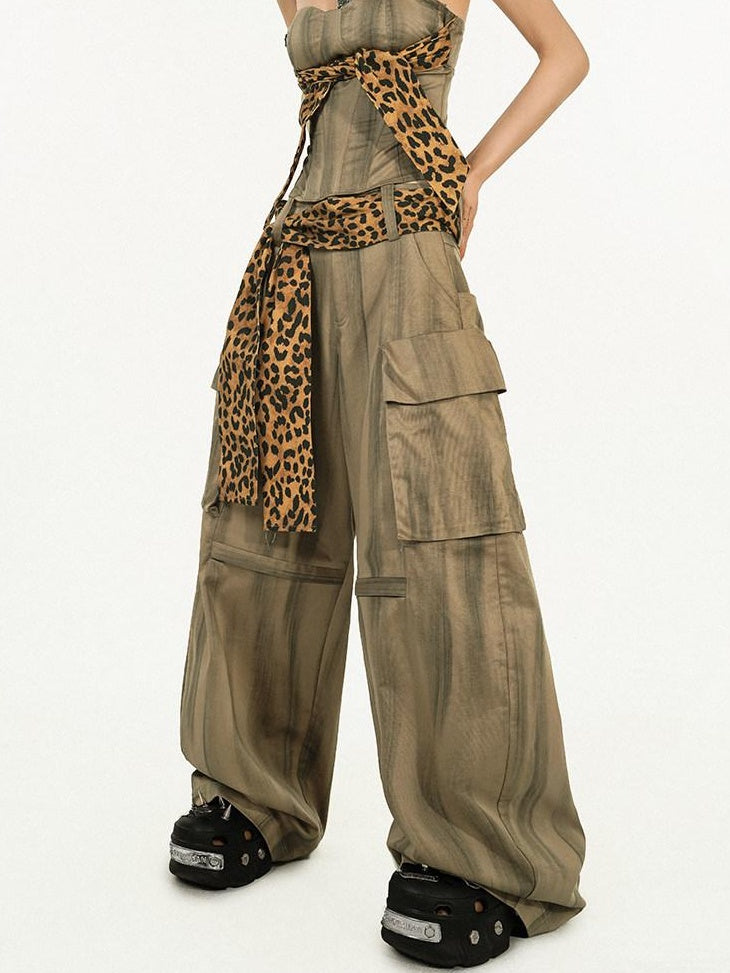 Nico Molly High Waist Leopard Print Vintage Pocket Detail Wide Leg Women Cargo Pants