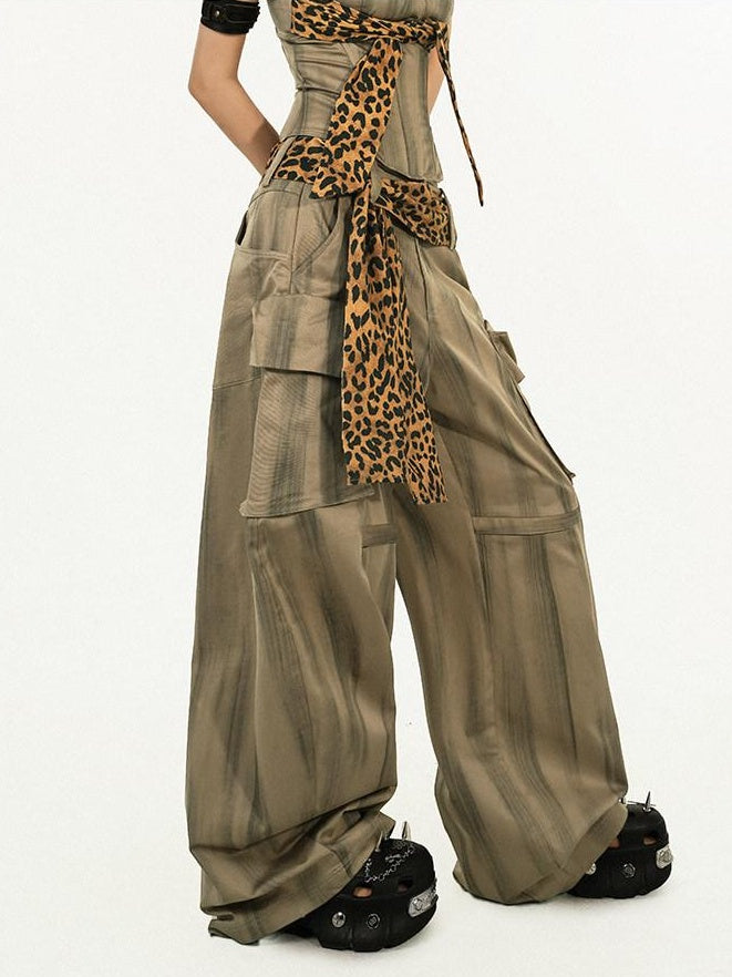 Nico Molly High Waist Leopard Print Vintage Pocket Detail Wide Leg Women Cargo Pants
