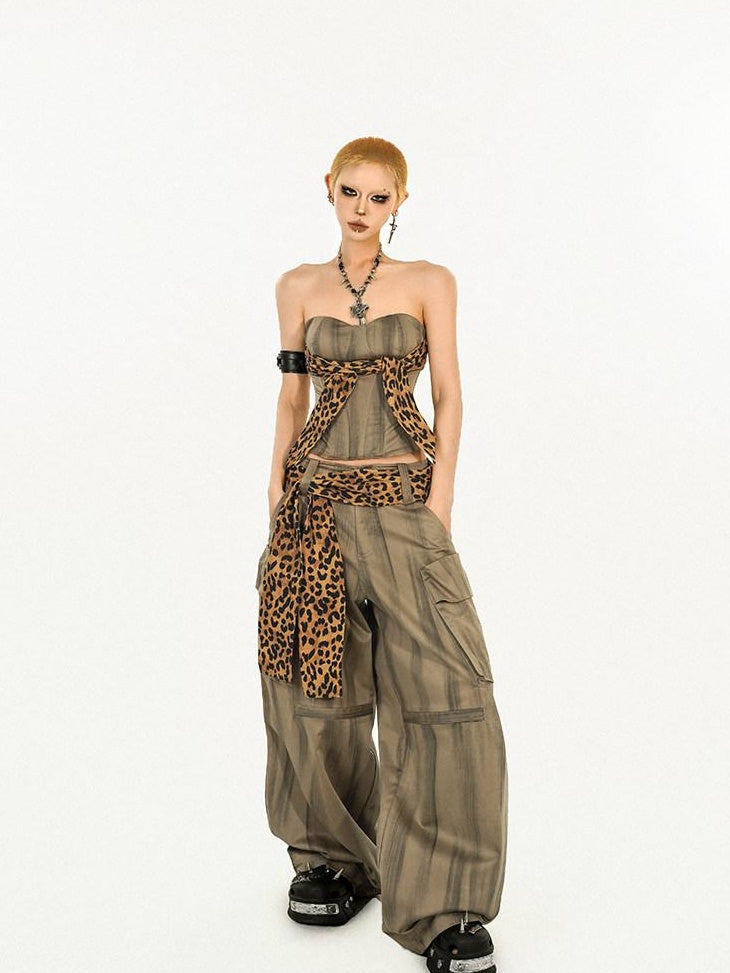 Nico Molly High Waist Leopard Print Vintage Pocket Detail Wide Leg Women Cargo Pants