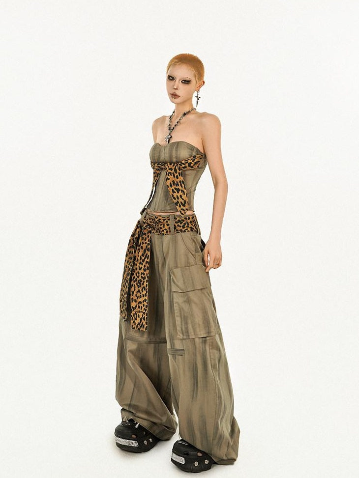 Nico Molly High Waist Leopard Print Vintage Pocket Detail Wide Leg Women Cargo Pants