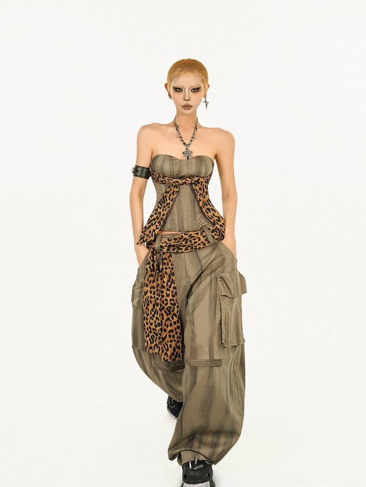 Nico Molly High Waist Leopard Print Vintage Pocket Detail Wide Leg Women Cargo Pants