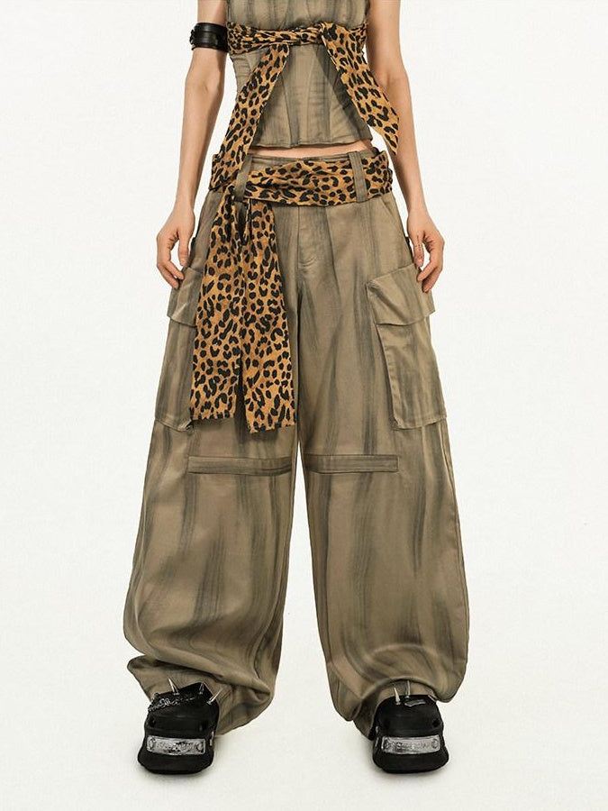 Nico Molly High Waist Leopard Print Vintage Pocket Detail Wide Leg Women Cargo Pants