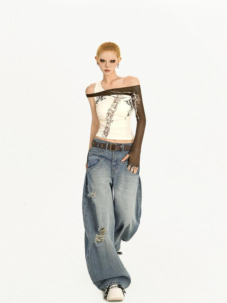 Nico Molly High Waist Light Blue Zipper Fly Casual Loose Fit Womens Wide Leg Jeans