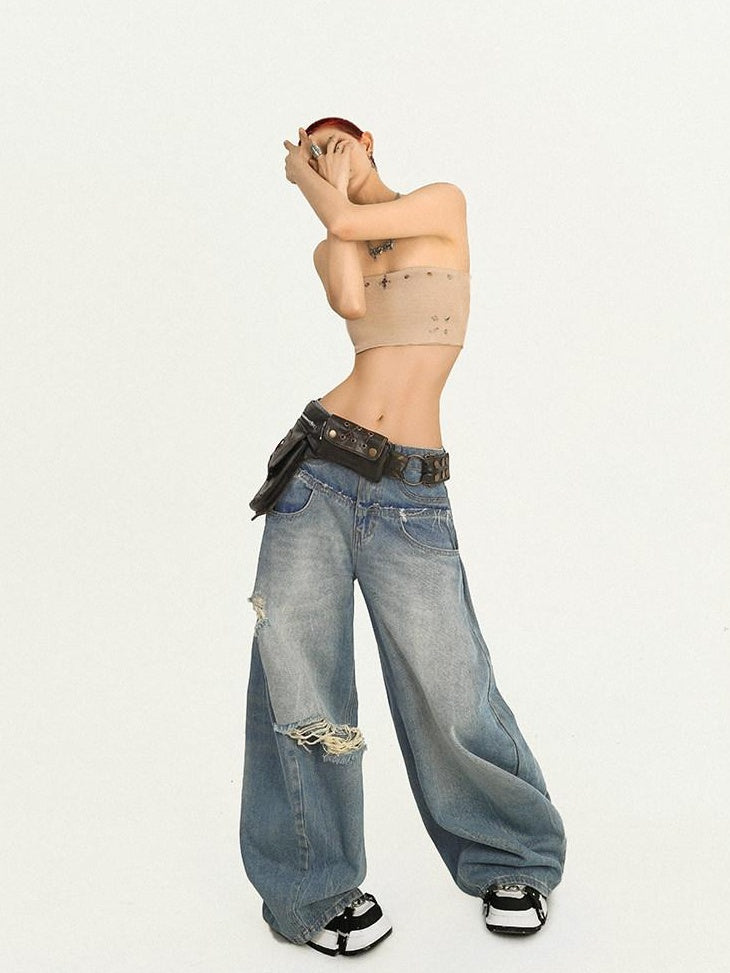 Nico Molly High Waist Light Blue Zipper Fly Casual Loose Fit Womens Wide Leg Jeans
