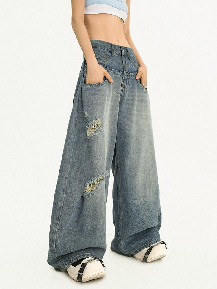 Nico Molly High Waist Light Blue Zipper Fly Casual Loose Fit Womens Wide Leg Jeans