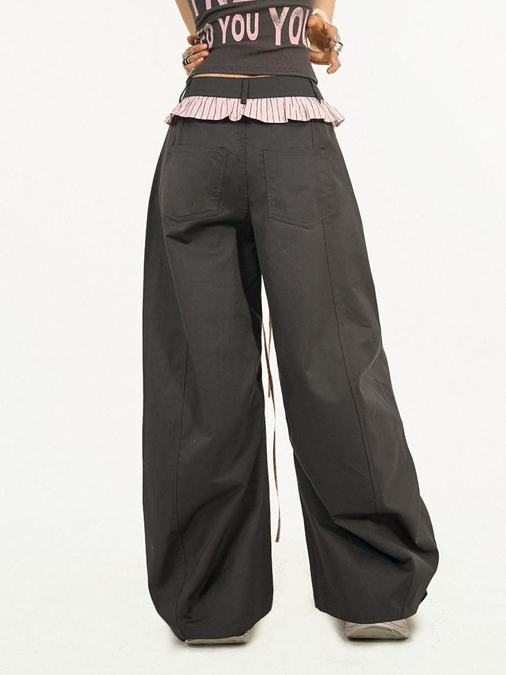 Nico Molly High Waist Original Minimal Striped Lace Trim Loose Women Wide Leg Pants
