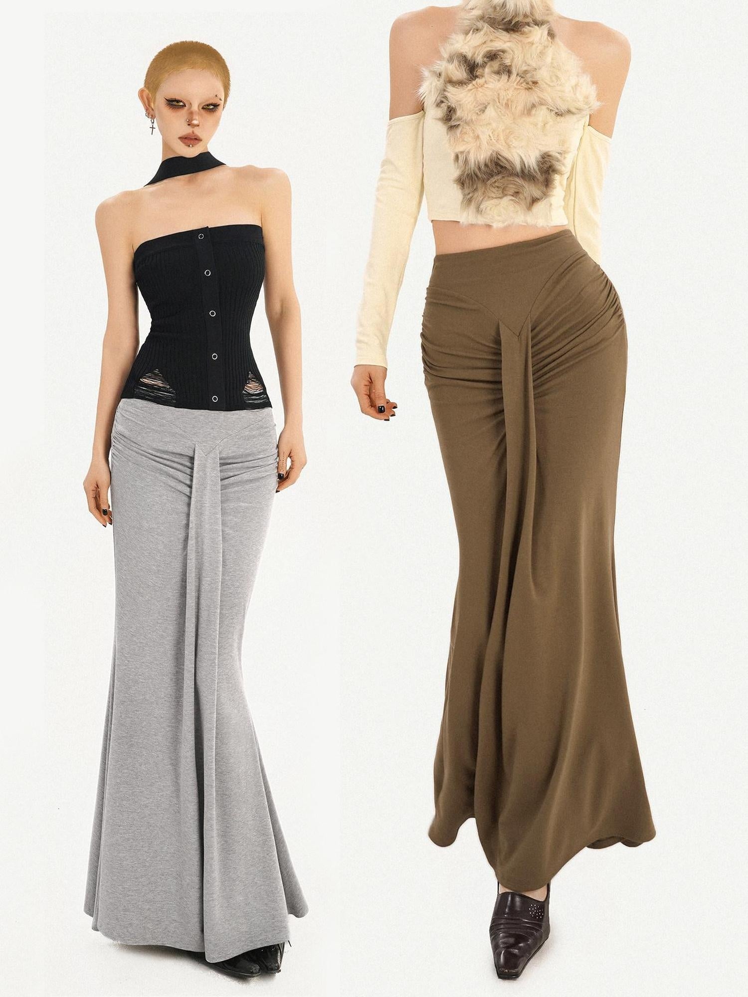 Nico Molly High Waist Pleated Fishtail Slim Street Style Casual Women Travel Maxi Skirts