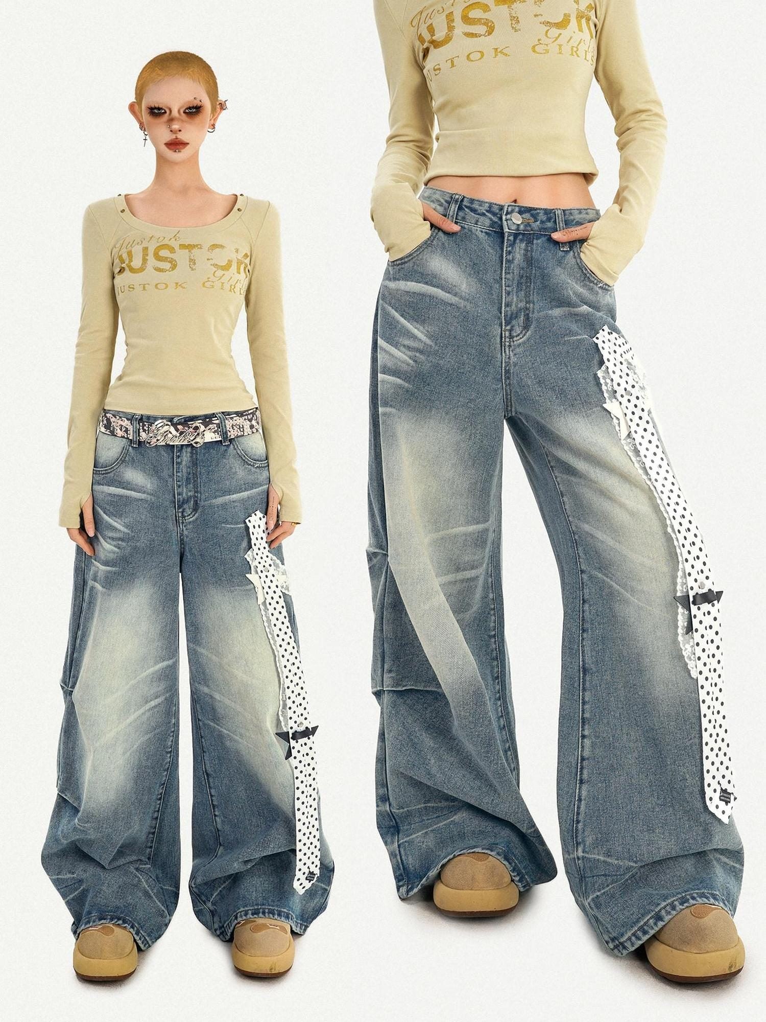 Nico Molly High Waist Polka Dot Tie Detail Street Loose Fit Light Blue Women Wide Leg Jeans