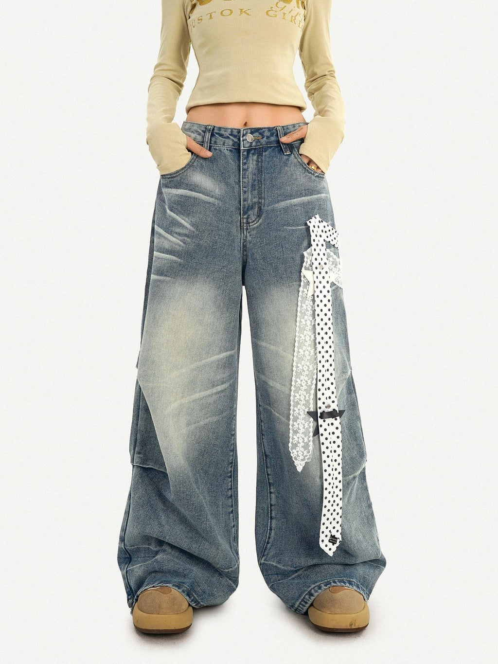 Nico Molly High Waist Polka Dot Tie Detail Street Loose Fit Light Blue Women Wide Leg Jeans