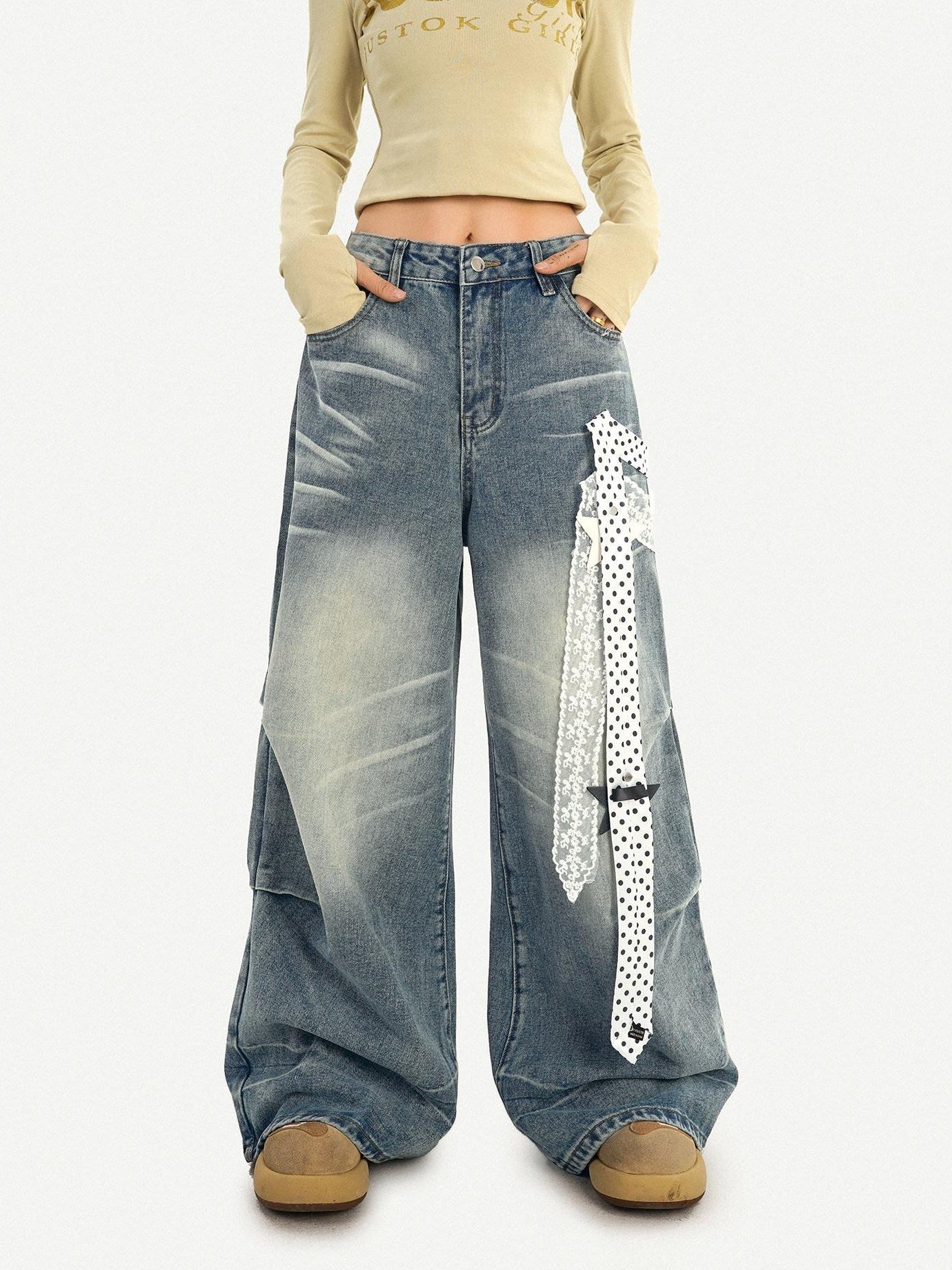 Nico Molly High Waist Polka Dot Tie Detail Street Loose Fit Light Blue Women Wide Leg Jeans