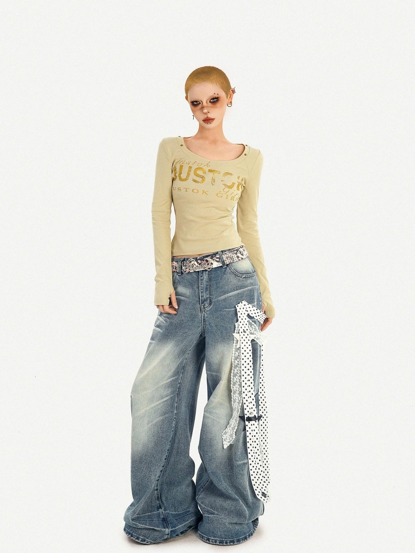 Nico Molly High Waist Polka Dot Tie Detail Street Loose Fit Light Blue Women Wide Leg Jeans