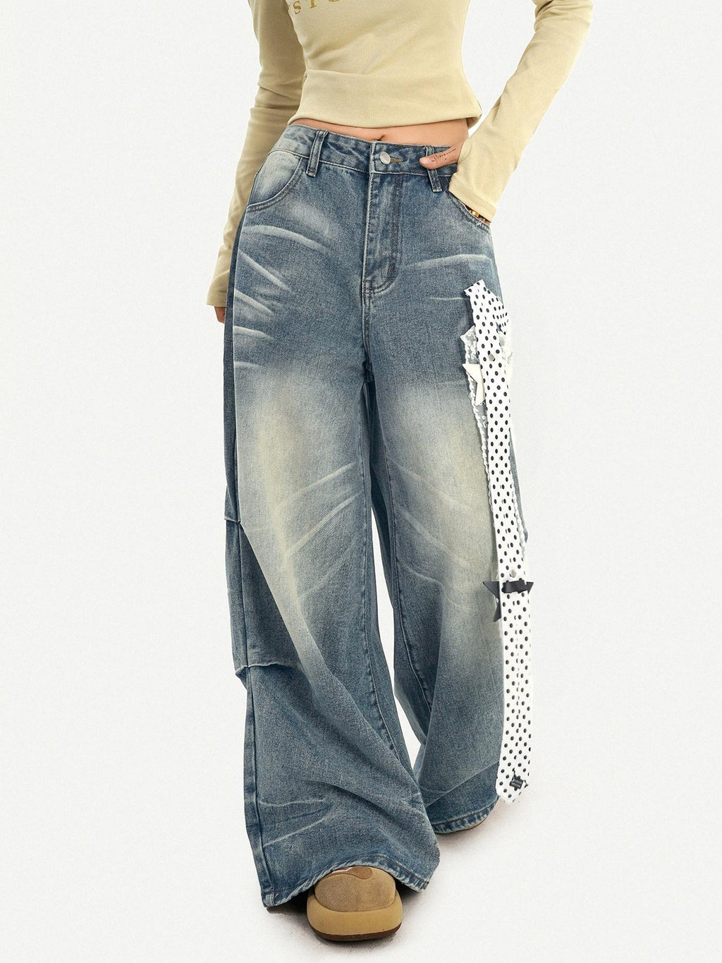 Nico Molly High Waist Polka Dot Tie Detail Street Loose Fit Light Blue Women Wide Leg Jeans