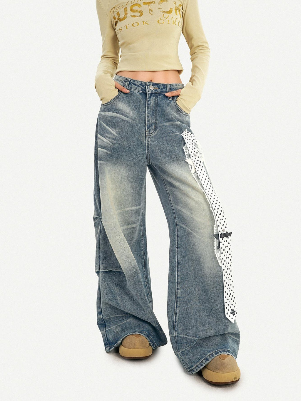 Nico Molly High Waist Polka Dot Tie Detail Street Loose Fit Light Blue Women Wide Leg Jeans