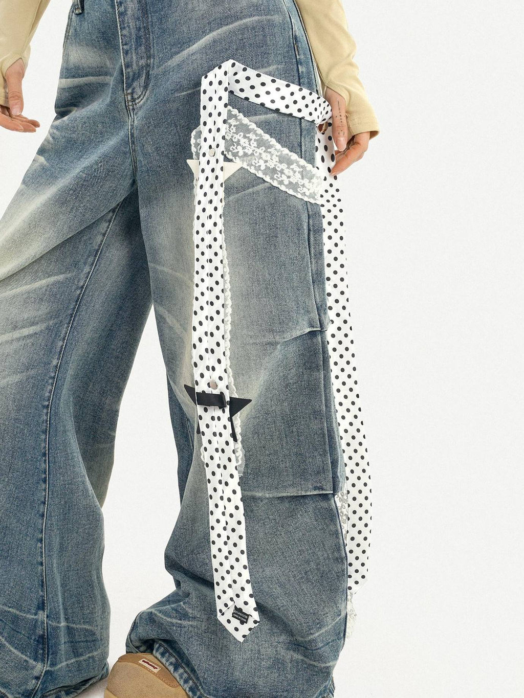Nico Molly High Waist Polka Dot Tie Detail Street Loose Fit Light Blue Women Wide Leg Jeans