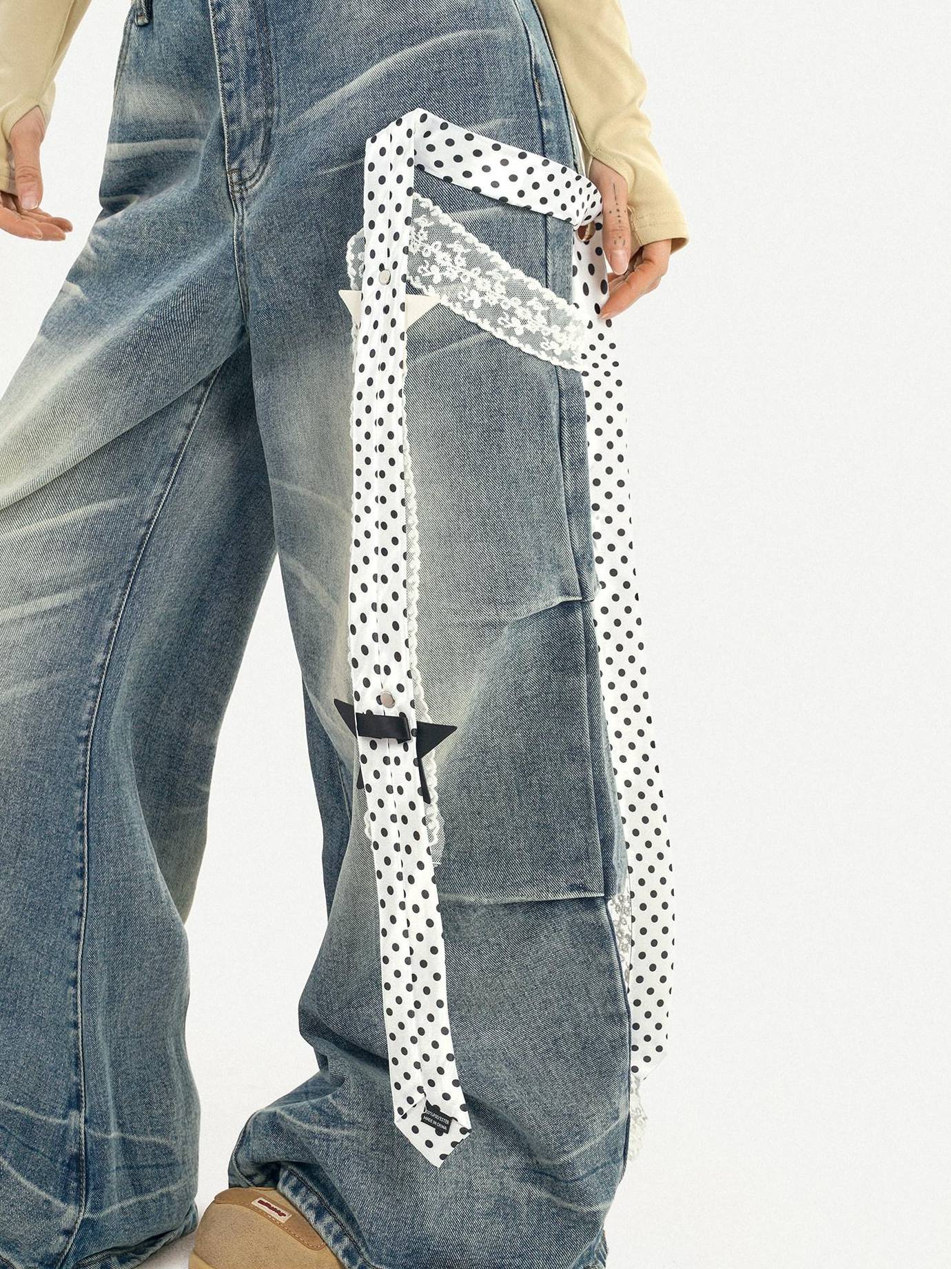 Nico Molly High Waist Polka Dot Tie Detail Street Loose Fit Light Blue Women Wide Leg Jeans