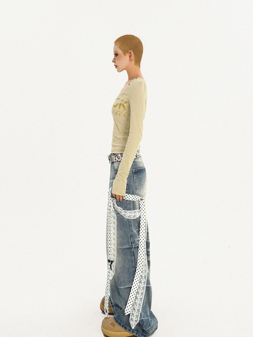 Nico Molly High Waist Polka Dot Tie Detail Street Loose Fit Light Blue Women Wide Leg Jeans