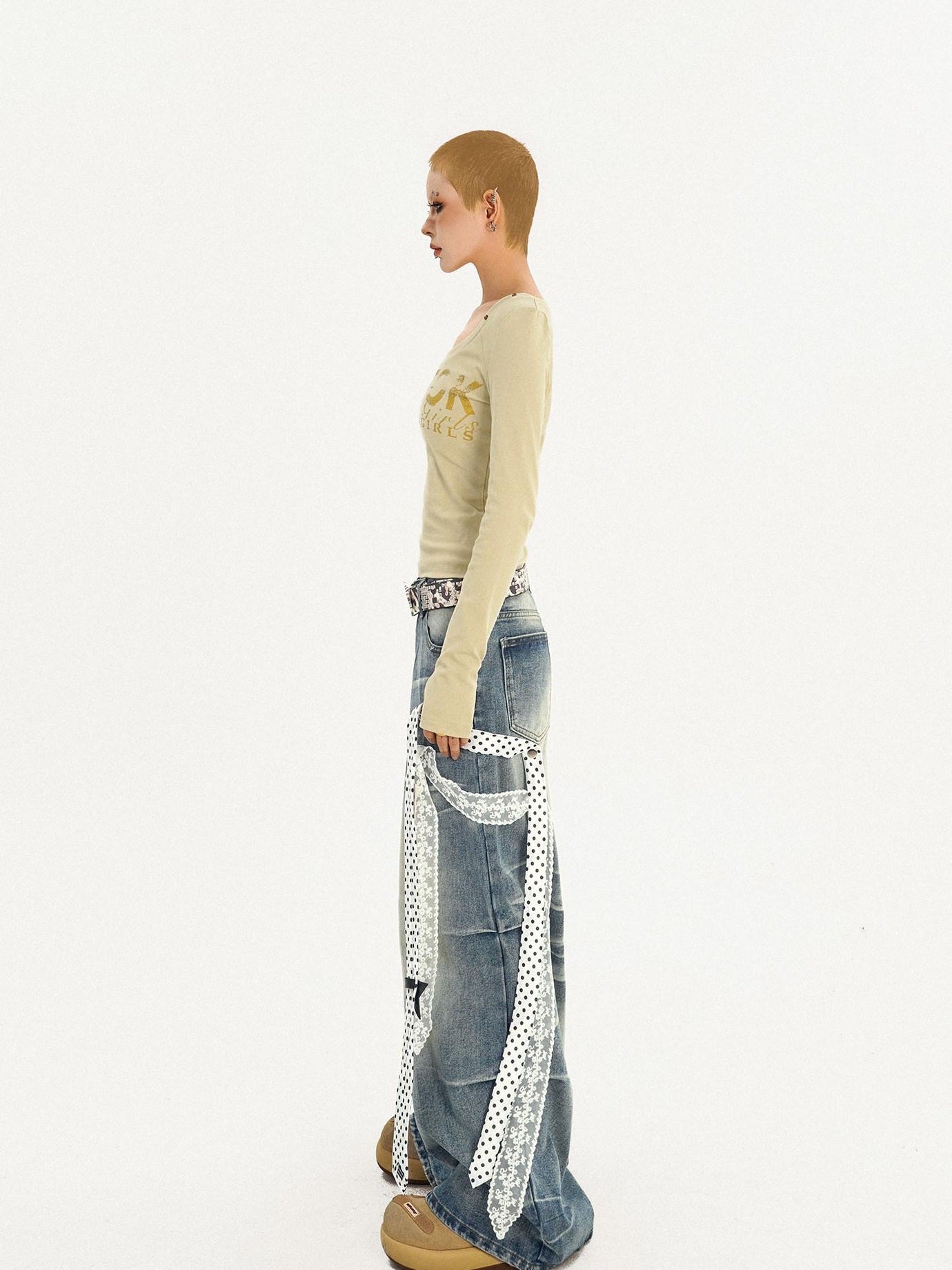Nico Molly High Waist Polka Dot Tie Detail Street Loose Fit Light Blue Women Wide Leg Jeans