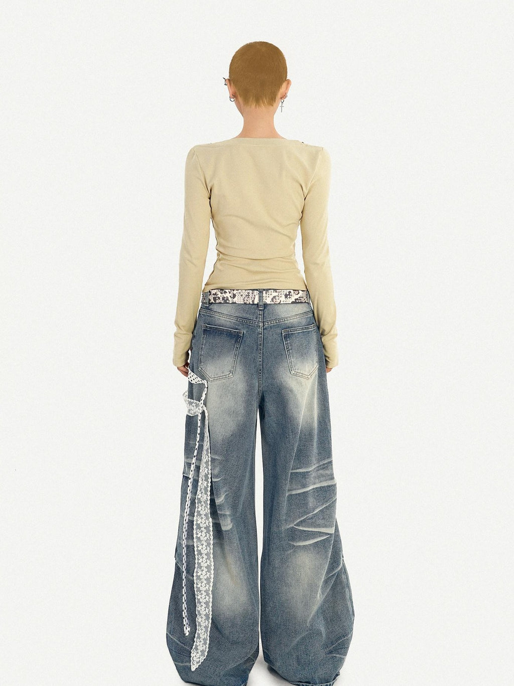 Nico Molly High Waist Polka Dot Tie Detail Street Loose Fit Light Blue Women Wide Leg Jeans