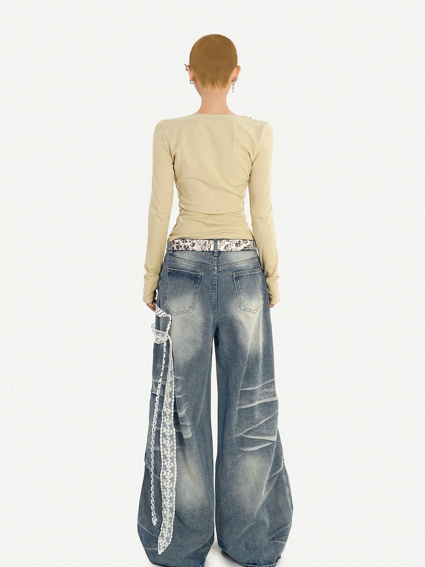 Nico Molly High Waist Polka Dot Tie Detail Street Loose Fit Light Blue Women Wide Leg Jeans