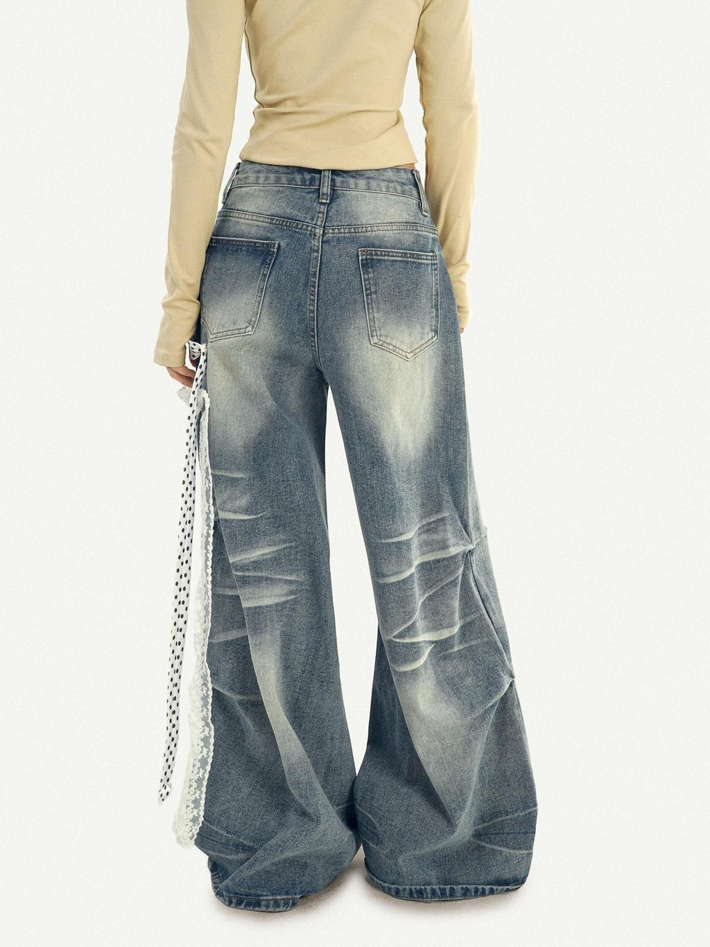 Nico Molly High Waist Polka Dot Tie Detail Street Loose Fit Light Blue Women Wide Leg Jeans