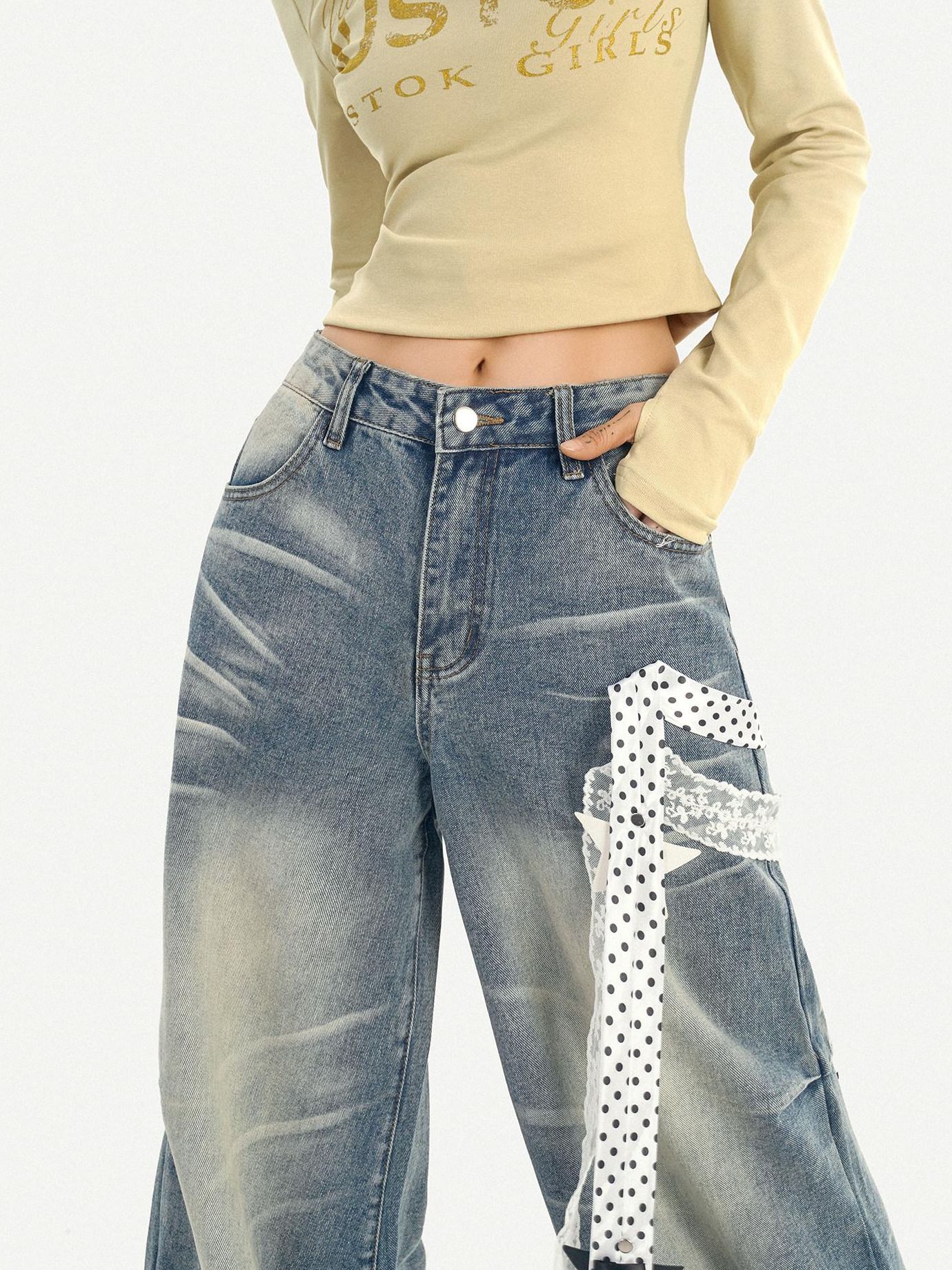 Nico Molly High Waist Polka Dot Tie Detail Street Loose Fit Light Blue Women Wide Leg Jeans