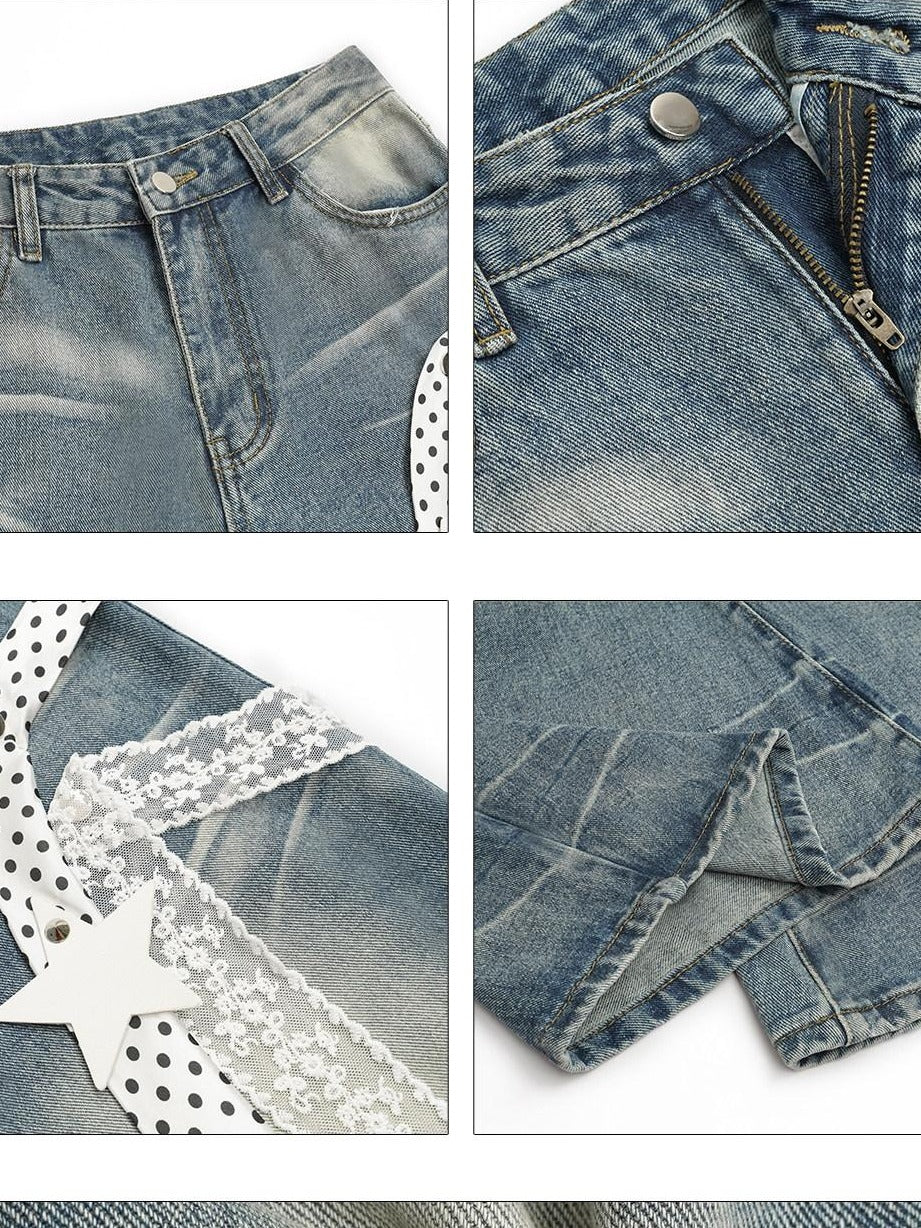 Nico Molly High Waist Polka Dot Tie Detail Street Loose Fit Light Blue Women Wide Leg Jeans