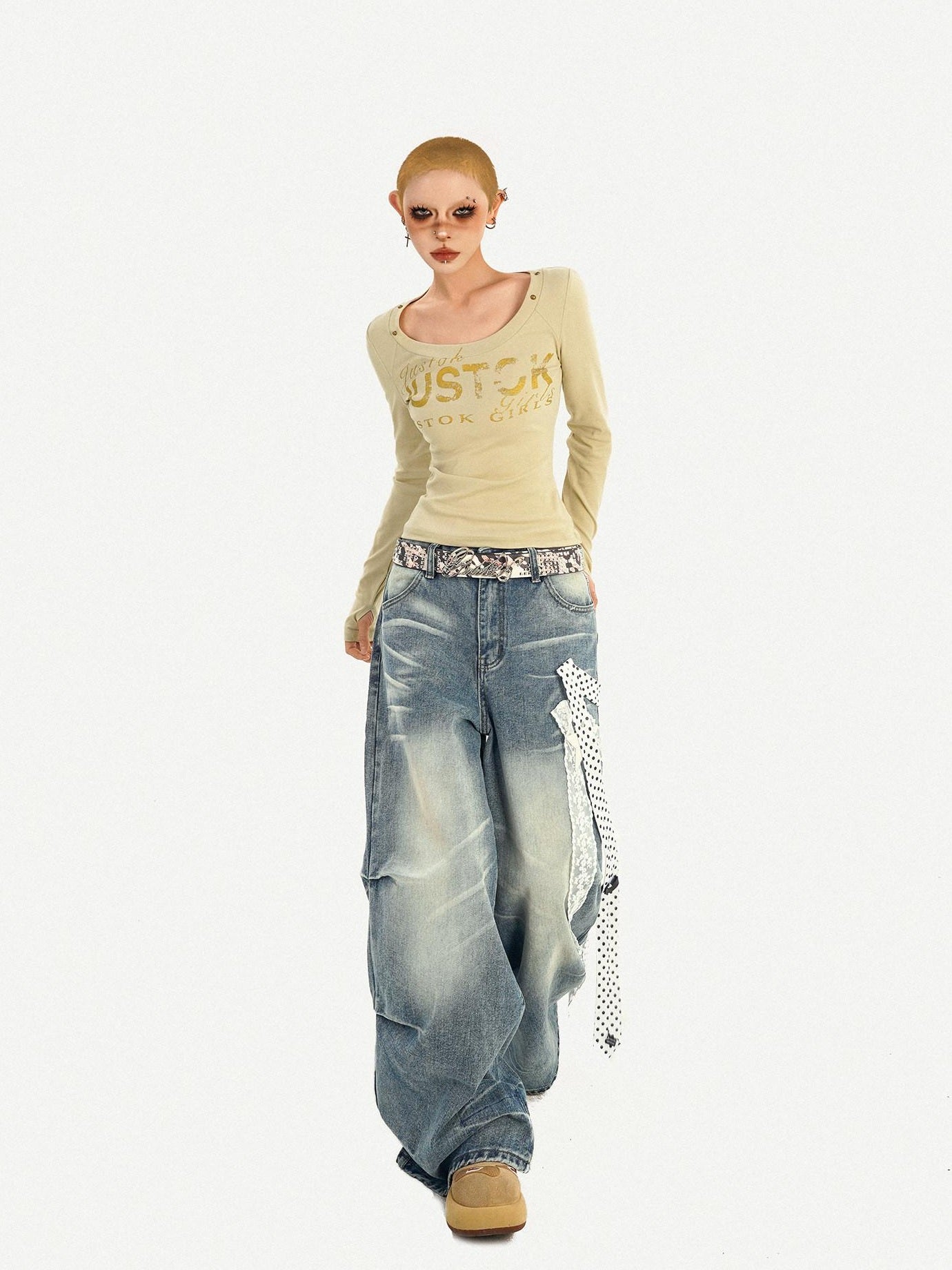 Nico Molly High Waist Polka Dot Tie Detail Street Loose Fit Light Blue Women Wide Leg Jeans