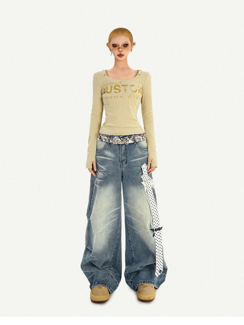 Nico Molly High Waist Polka Dot Tie Detail Street Loose Fit Light Blue Women Wide Leg Jeans