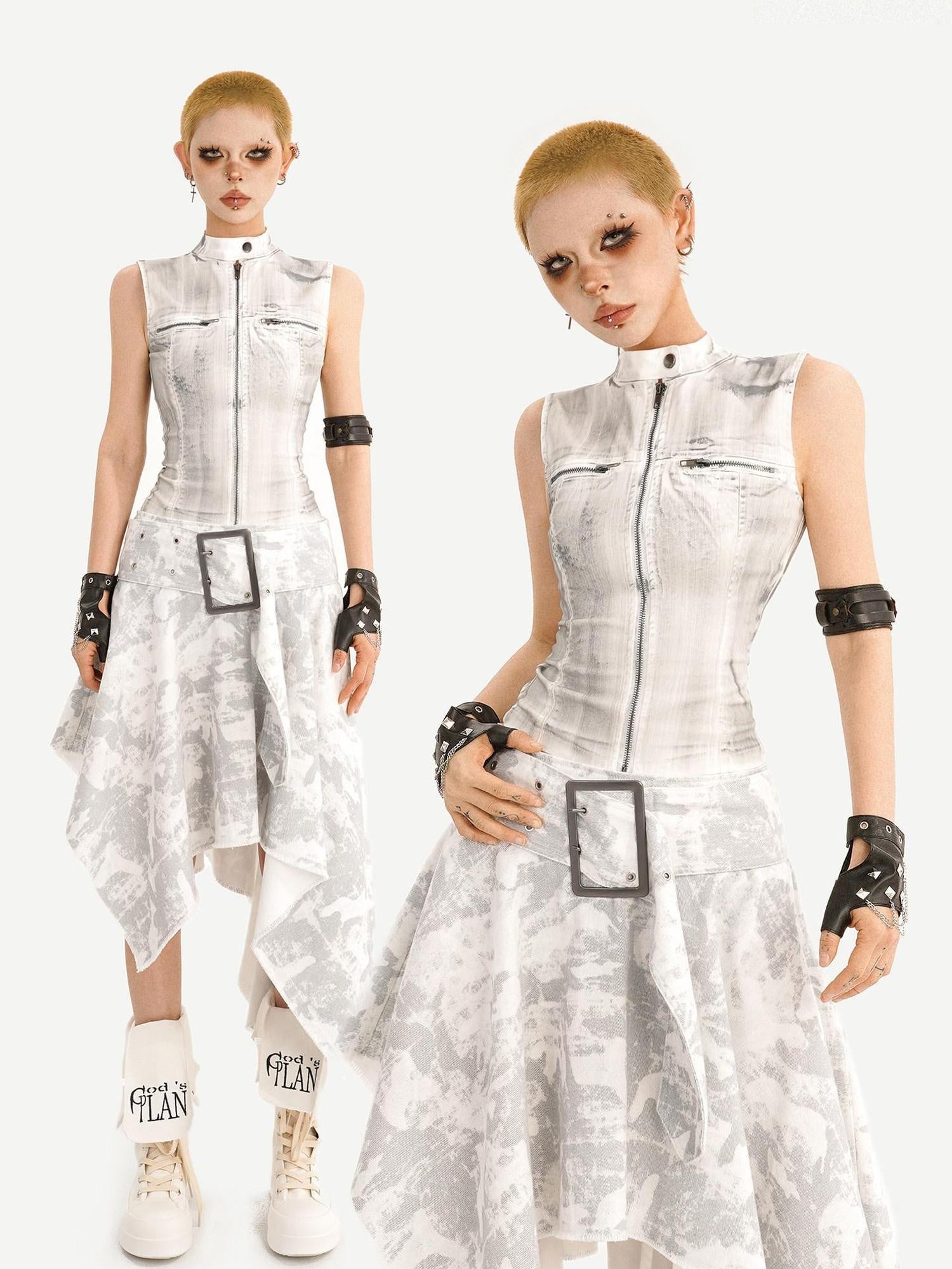 Nico Molly High Waist Printed Leather Sleeveless Zip Vest Women Fashion Top & Skirt Sets